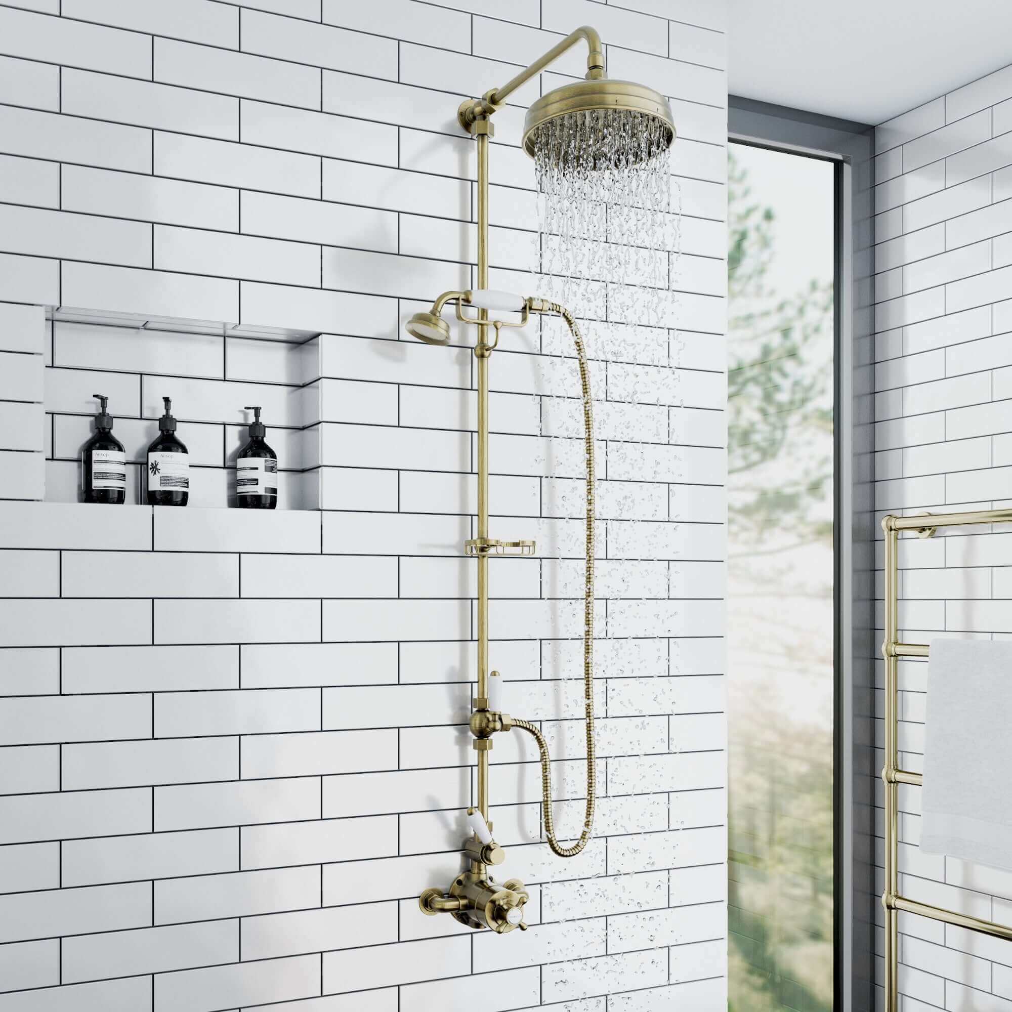 Buy Downton Exposed Traditional Thermostatic Shower Set 2 Outlet Incl. Twin Shower Valve With Diverter, Rigid Riser Rail, 200mm Shower Head, Telephone Style Ceramic Handset & Caddy - Antique Brass Online UK | HOUSE OF ENKI